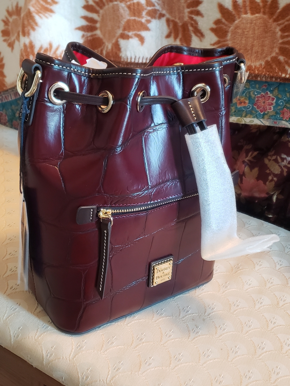 Dooney & Bourke Burgundy Croc-Embossed Drawstring Bucket Bag